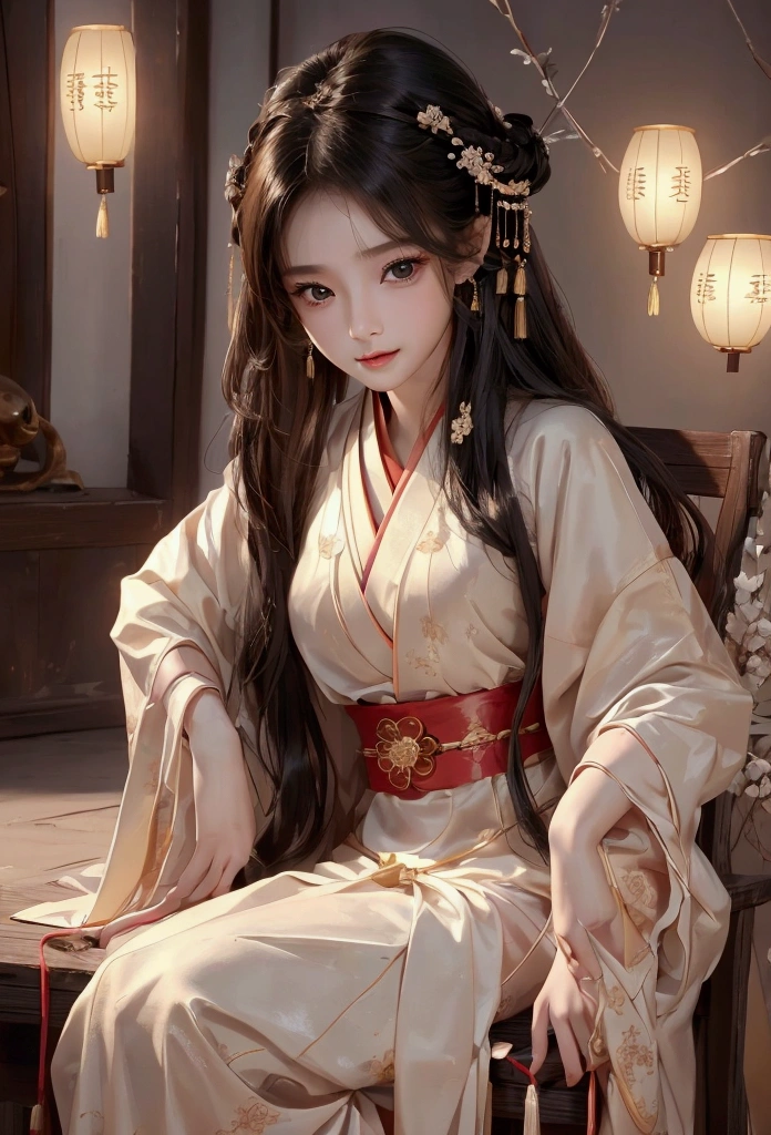 Best image quality、8k、masterpiece：1.3))、Realistic high-quality photos、Highest quality、 Beautiful face、Photos of slim models、Beautiful girl model、Young and pretty face、Beautiful model girl、A lovely and delicate face、Black Hair、Beautiful brown eyes、Young Body、Hanfu, (emphasize)、from the front、Camera gaze,、Anatomically correct、胸の谷間をemphasize、whole body、13-year-old female model、smile、Japanese women