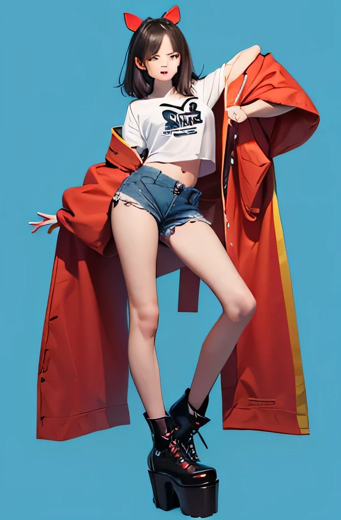 (8k),(high resolution),(high quality),whole body,Rin々A funny expression,(Shorts),(Platform boots),(),1 Girl、anime painting、Natural Proportions、Red eyes、Blue background,,,,,,,,,,,,