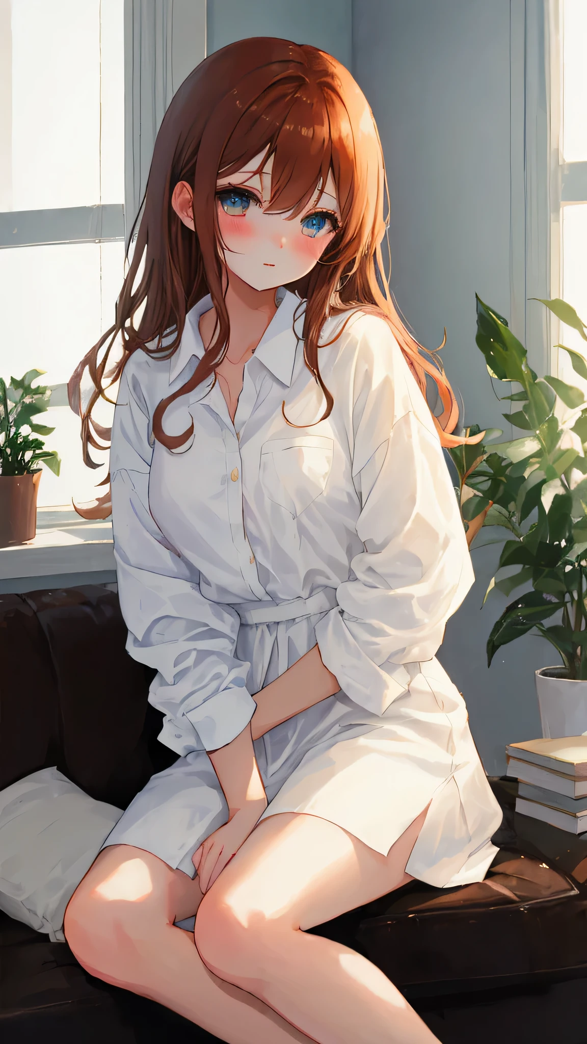 An anime-style illustration of a beautiful girl, shown from below the eyes down. She is wearing only an oversized white dress shirt, which is her sole piece of clothing, giving a casual and slightly whimsical feel. The shirt should be noticeably large, emphasizing a cozy and relaxed vibe. The setting is indoors, with soft morning sunlight streaming through a window, creating a warm and gentle atmosphere. A subtle bokeh effect adds depth and softness to the scene. The image should be high resolution and high definition, capturing the delicate details of the girl's features, the texture of the shirt, and the serene ambiance of the room. The overall composition should be a masterpiece, blending a cozy and tranquil mood with a touch of elegance.