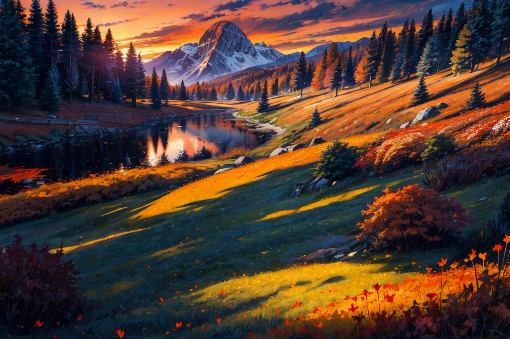masterpiece,best quality,lycoris,flower field,depth of field,dusk,orange sky,sunset,glow,lake,autumn,maple,fallen leaves, mountain ((tileset))