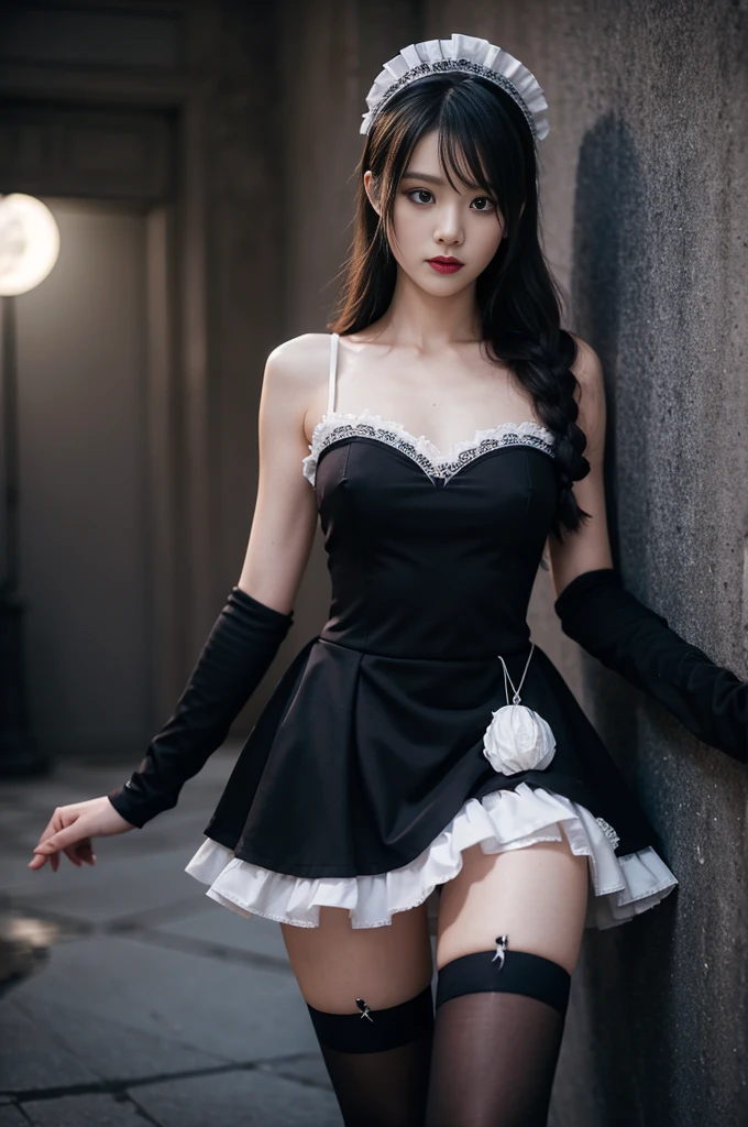 black thighhighs,dress,hitman,maid,maid headdress,thighhighs, Deep in Wonderland，Moonlight falls like water，Foggy Room，The heroine&#39;s figure is vaguely visible，Like a fairy in a painting，Slender sexy legs，Very beautiful legs，Large Breasts，Visible cleavage，美丽而又带着一丝mystery的色彩。Her face is beautiful and delicate，Showing extraordinary beauty。Twinkling Stars，Show the light of perseverance and wisdom。The bridge of the nose is straight，Cherry lip color，The slightly upturned corners of the mouth reveal confidence and calmness。Clearly defined face，Skin like jade，Reveal healthy glow，Just like fairies, Her makeup is light and delicate，No excessive embellishment，Show her temperament and charm。Light foundation highlights the translucence of the skin，A light eyebrow pencil outlines her perfect eyebrow shape，Eye makeup is eye shadow and eyeliner，Make her eyes brighter、Energetic。嘴唇涂上grace的口红，Add a touch of charm and sophistication。Clothes fluttering。Hair tied haphazardly behind the head，Secure with a jade hairpin，A few strands of hair fluttering gently in the wind，Add a touch of softness。Beautiful landscape，Attracted everyone&#39;s attention。Large Breasts美丽、grace、mystery、Full of power。