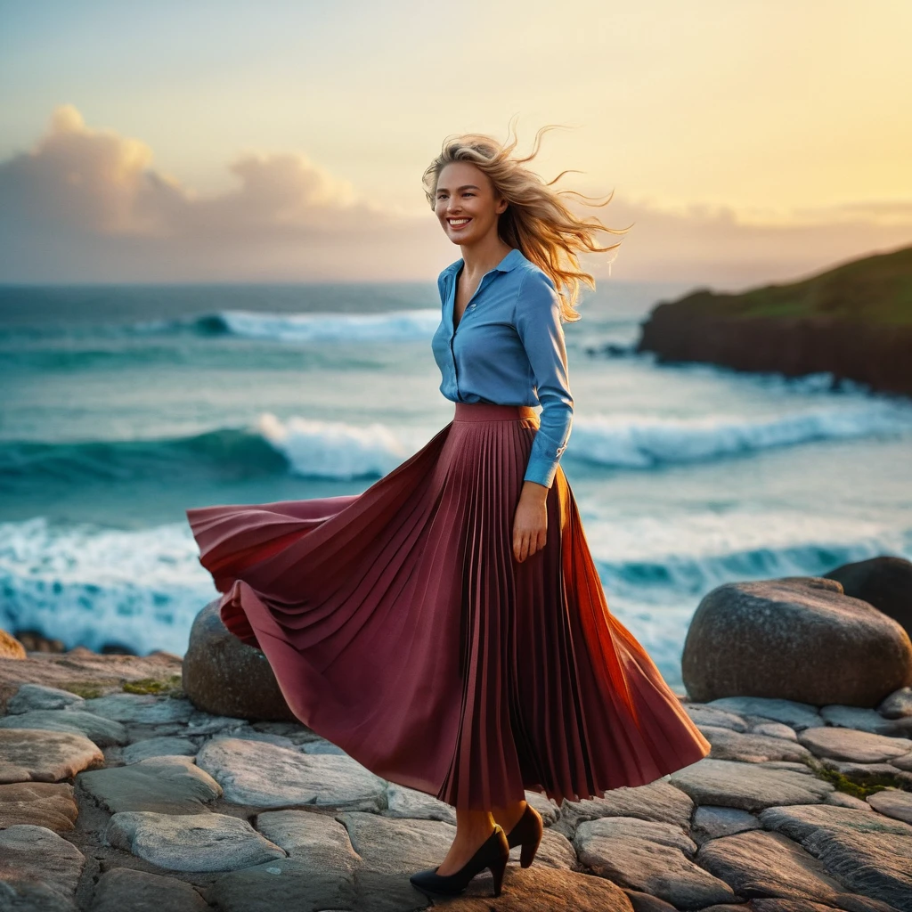(authentic:1,1) (shy:0,9) (smiling:0,4) blondy woman passionately in love with her skirt , wearing (long (pleated) full circle skirt beige) and (low heeled office shoes), very intricate hyper-detailed symmetric (attractive graceful feminine face) with (sad, tired eyes and shy smile), large breasts, full of empathy and compassion and love, (pronounced (feminine) features), (highly detailed ultra accurate realistic) hands and fingers, (windy conditions and wind blowing), long hair, epic composition, highly detailed attributes, extremely high quality RAW photograph, true romantic love, high-angle shot, cinematic shot, dynamic lighting, 75mm, Technicolor, Panavision, cinemascope, sharp focus, fine details, 8k, HDR, realism, realistic, key visual, film still, superb cinematic color grading, depth of field