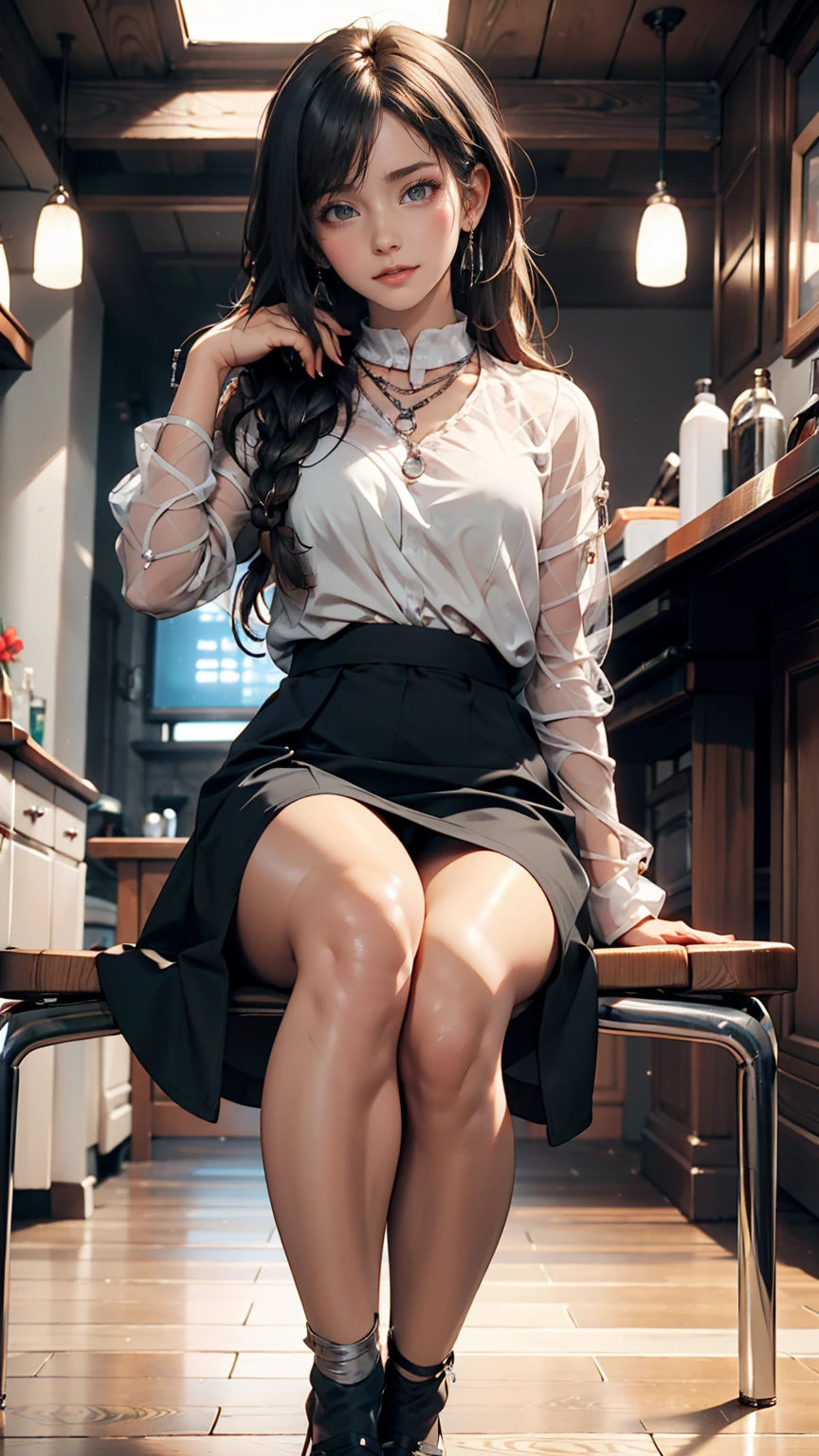 Wearing a black dress and sitting on a chair, Korean female fashion model, Transparent grey skirt(Full view of shorts), See-through mesh shirt, Chrome Clothing, Shiny silver, It&#39;s lucky that, Big Breasts, Highest quality, masterpiece, Ultra-high resolution, Realistic,Stiletto heels、Silver Hair、Multi braid((multiple braids))