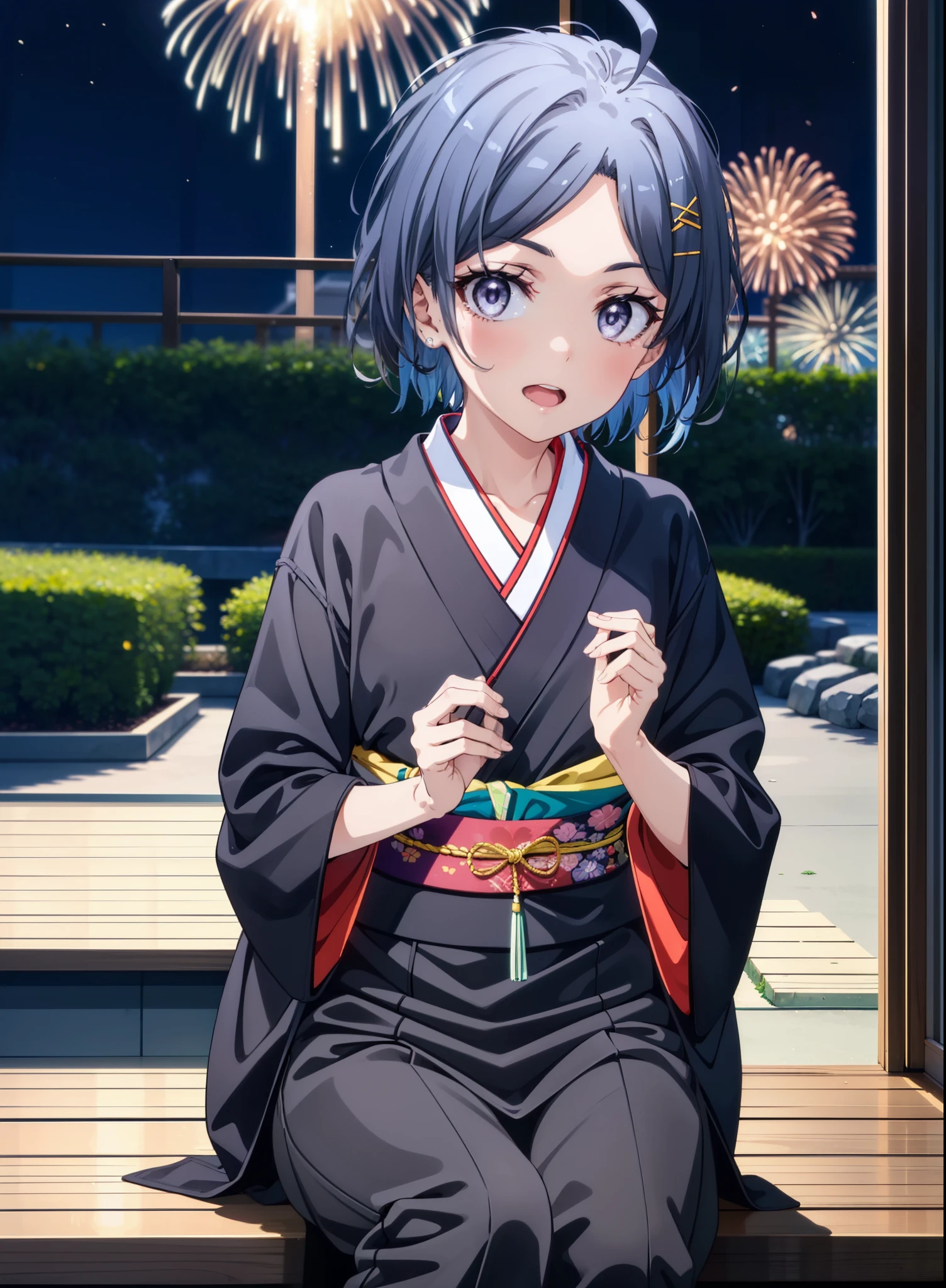 komachihikigaya, komachi hikigaya, short hair, Black Hair, hair ornaments, Ahoge, Hair Clip, x hair ornaments, (Purple eyes:1.1), tooth, smile, Open your mouth, black kimono,Black long skirt,Sandals,Sitting on a bench,Fireworks in the night sky,Fireworks,The place is a fireworks display,Time is night,sunny day,turn around,whole bodyがイラストに入るように,
break outdoors,Veranda,Japanese Garden, 
break looking at viewer,whole body,(Cowboy Shot:1. 5),
break (masterpiece:1.2), Highest quality, High resolution, unity 8k wallpaper, (figure:0.8), (Beautiful attention to detail:1.6), Highly detailed face, Perfect lighting, Highly detailed CG, (Perfect hands, Perfect Anatomy),