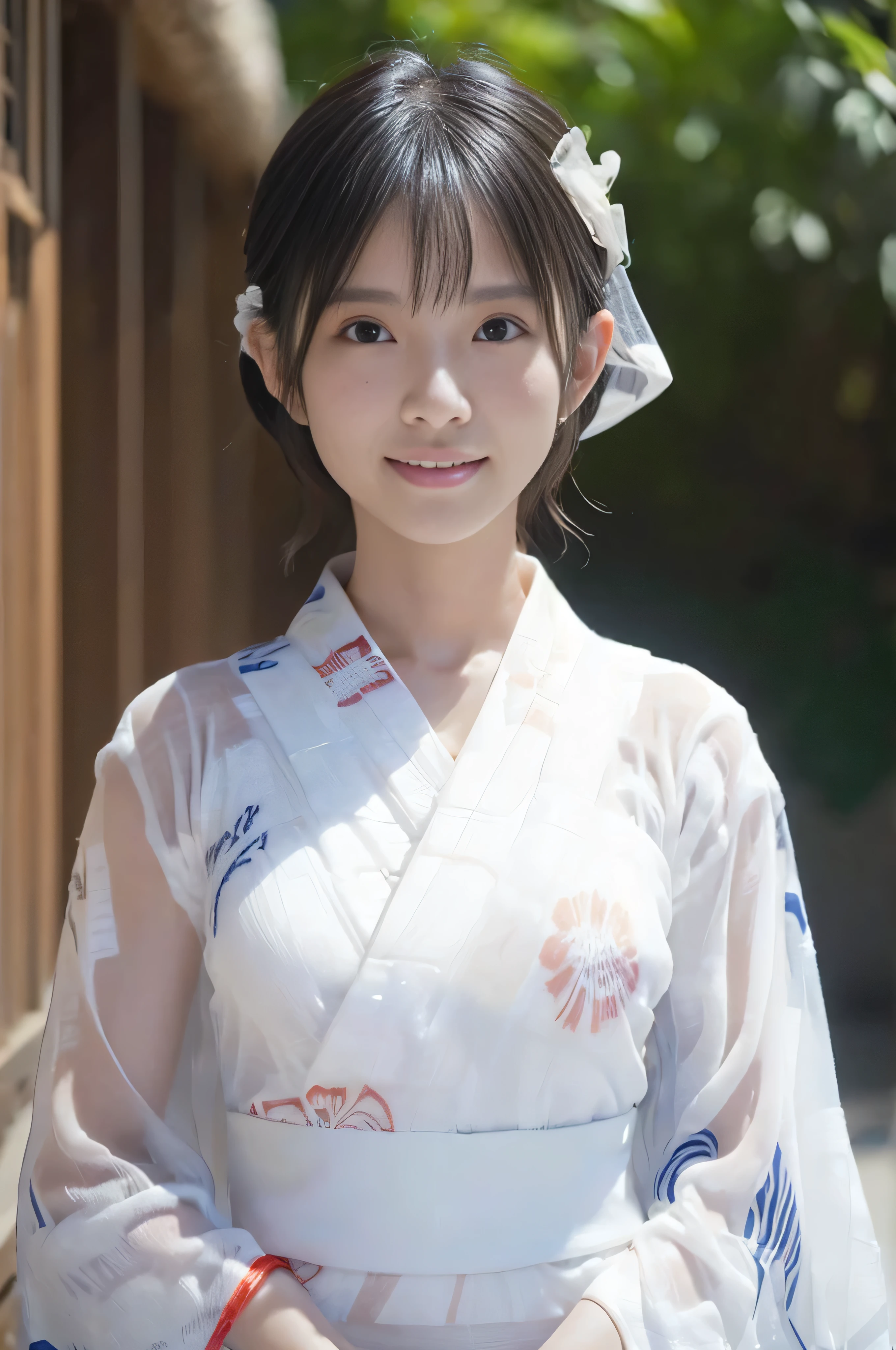 (((A white yukata made of thin, see-through fabric:1.4)))、(((Simple obi:1.4))), (())、(Sheer white bra:1.4), Random Pause、(Highest quality,masterpiece:1.3,Ultra-high resolution,),(Very detailedな,Caustics),(Photorealistic:1.4,RAW shooting,)Ultra-Realistic Capture,Very detailed,High resolution 16K human skin closeup、 Natural skin texture、、Skin tone is even and healthy looking、 Use natural light and colour,1 girl,Japanese,cute,Black-haired,Medium Straight Hair, (((Huge bust:1.4))), smile,,(Written boundary depth、chromatic aberration、、Wide range of lighting、Natural Shading、)、(Kimono with open front),