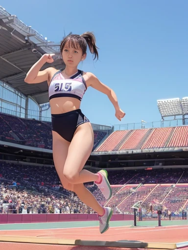 Japanese female, (underweight), (flat chest best quality:1.5), (athletics stadium), serious expression, bun hair, (gym uniform),(jumping in the long jump:1.3),  full body shot, low angle shot