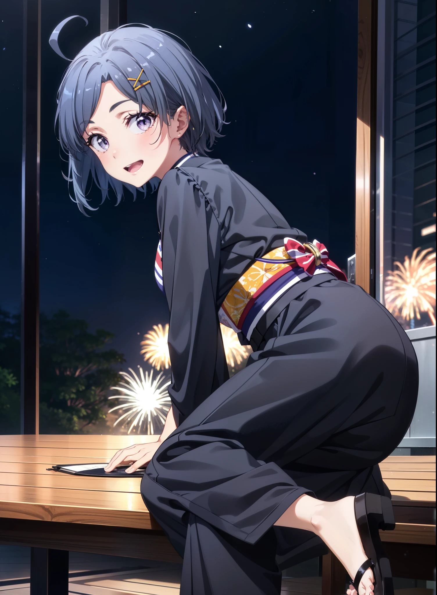 komachihikigaya, komachi hikigaya, short hair, Black Hair, hair ornaments, Ahoge, Hair Clip, x hair ornaments, (Purple eyes:1.1), tooth, smile, Open your mouth, black kimono,Black long skirt,Sandals,Sitting on a bench,Fireworks in the night sky,Fireworks,The place is a fireworks display,Time is night,sunny day,turn around,whole bodyがイラストに入るように,
break outdoors,Veranda,Japanese Garden, 
break looking at viewer,whole body,(Cowboy Shot:1. 5),
break (masterpiece:1.2), Highest quality, High resolution, unity 8k wallpaper, (figure:0.8), (Beautiful attention to detail:1.6), Highly detailed face, Perfect lighting, Highly detailed CG, (Perfect hands, Perfect Anatomy),