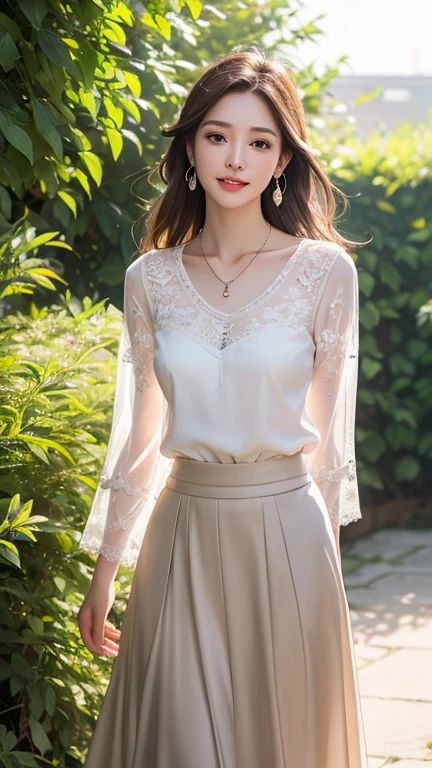 (Highest quality、 8k 、masterpiece、High resolution)、wallpaper、Young Woman、Ample breasts、Beautiful clavicle、Slender beauty、(Brown hair medium、My hair is blowing in the wind、Flows backwards)、Full Body Shot、 (Beautiful Face,Beautiful Eyes,Beautiful nose,Pretty lips)、(Flower Earrings、silver heart pendant necklace)、(Feminine Style、3/4 Sleeve Lace Blouse、See-through long skirt)、Her mouth opens slightly and a smile appears.、Dynamic pose、Outdoor、garden、Colorful flowers、looking at the camera、Professional Lighting、Professional photographer、