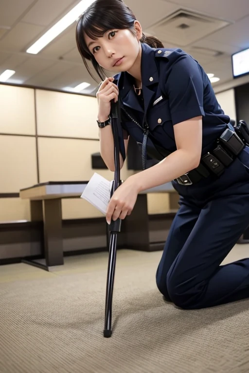 Japanese female police officers、Stand up straight、Sit upright on the floor
