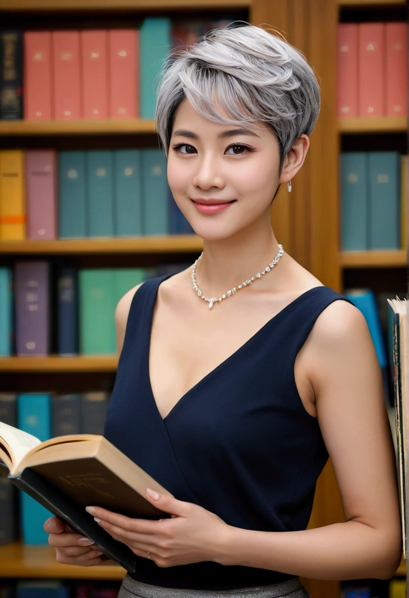 masterpiece、high quality、High resolution、masterpiece、Cinematic、Lighting that matches the atmosphere of the space、Official Art、Perfect body, Beautiful Face, Acura, Anatomically correct, 非常にDetailed face, Eye and skin texture, Natural neck length, (Beautiful Eyes、Beautiful Hands), (Glowing Skin:1.2),
fix makeup, eye make up、mascara、eyeliner、eye shadow、long and thick eyelash、Pencil Skirt、Captivating smiling woman, Blurred Background、Silver yellow pixie shorthair, Detailed face, high quality, High resolution、at the library、Librarian Woman、Beautiful Face、((Are standing、Stretch out and read a book,Make additional observations、National Library、Large bookshelf、Many books))、Don'Do not show the navel