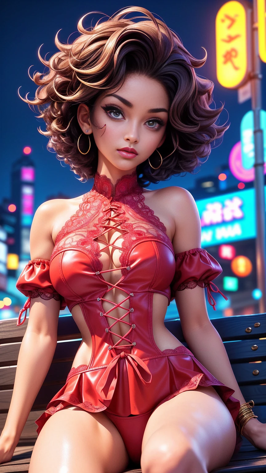 Divide Ratio : 1,1,1 Base Ratio: Ultra-realistic movie master pie with ultra-detailed primetime portraits, (最high quality, 8k, table top, Ultra HD),masterpiece,最high quality,high quality,High resolution,perfect dynamic composition:1.2,beauty(mixed girl)(madison ivy:0.45)(jessica alba:0.25)(Ariana Grande:0.25) in of a (1girl:1.3 22-year-old),(photo realistic),(Hyper realistic),((Fujicolor,daytime soft lighting),fashion supermodel,((best high quality real texture skin)),(Highly quality texture hair),((short curly hair((slicked to the two side))Intricately detailed:1.43)),(perfect proportions),(anatomically correct),(perfect female body),((firm normal full breasts:1.3)),slim face,beautiful cheekbones,((slim,swell-muscled body)),(Super beautiful face),(realistic face),(highly detailed face),absurd,(Intricately detailed eyes),(tired and sleepy and satisfied:0.0),a woman's eye with a digital rendering,realistic eyes,perfect round eyes,finely detailed pupils,BREAK(brown_eyes),detailed lips,red_lipstick),pink_makeup,(Detailed nose),Wear an off-the-shoulder top, full bodyesbian,(dark shot:1.05),((Intricately detailed ((lace-up)) pleated modest leather BDSM costume:1.22)),((girl lies on the bench, spreads her legs: 1.4)),((position in the letters M)),((show panties: 1.3)),dynamic pose,((shot above the knee)),look at the viewer,(Erotic:1.4),((city night),(neon sign),(night), walking),On the street