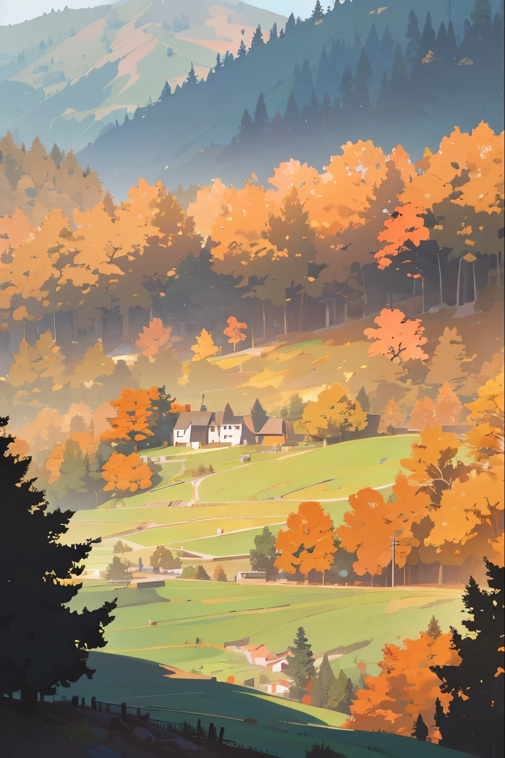 a scenic rural road winding through rolling mountains, a small village nestled in the distance, lush green forests and meadows surrounding the landscape, sunlight filtering through the trees, warm autumn colors, detailed realistic landscape, cinematic lighting, highly detailed, 8k, best quality, photorealistic