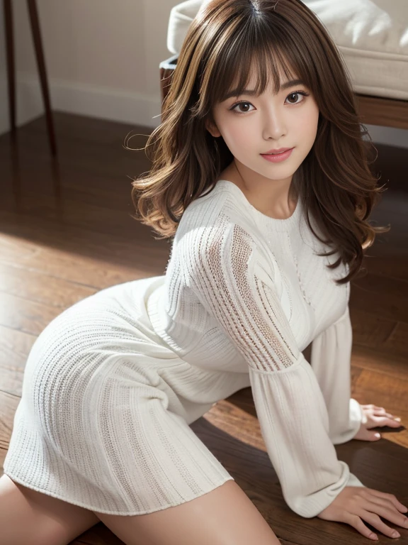 (masterpiece, Highest quality, Very detailed, Best Shadow:1.2), High resolution, ((Cinematic Light)), Hyper Detail, Dramatic Light, Intricate details, Dynamic Angle, (Very detailed CG ユニティ 8k 壁紙:1.2), Shyness, ((masterpiece)), (Very detailed), (Very detailedUnity 8k壁紙), (Realistic Skin), (Realistic photos, Realistic, Photorealistic), Beautiful Japanese Women, Narrow Face, (White knit dress:1.4), Beautiful Hair,Brown Hair, Medium Hair,Beautiful Face, Delicate and beautiful eyes, smile,Beautiful feet, See through,Low angle shot