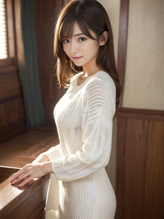 (masterpiece, Highest quality, Very detailed, Best Shadow:1.2), High resolution, ((Cinematic Light)), Hyper Detail, Dramatic Light, Intricate details, Dynamic Angle, (Very detailed CG ユニティ 8k 壁紙:1.2), Shyness, ((masterpiece)), (Very detailed), (Very detailedUnity 8k壁紙), (Realistic Skin), (Realistic photos, Realistic, Photorealistic), Beautiful Japanese Women, Narrow Face, (White knit dress:1.4), Beautiful Hair,Brown Hair, Medium Hair,Beautiful Face, Delicate and beautiful eyes, smile,Beautiful feet, See through,Low angle shot