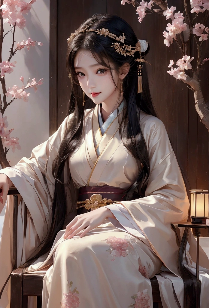 Best image quality、8k、masterpiece：1.3))、Realistic high-quality photos、Highest quality、 Beautiful face、Photos of slim models、Beautiful girl model、Young and pretty face、Beautiful model girl、A lovely and delicate face、Black Hair、Beautiful brown eyes、Young Body、Hanfu, (emphasize)、from the front、Camera gaze,、Anatomically correct、胸の谷間をemphasize、whole body、13-year-old female model、smile、Japanese women