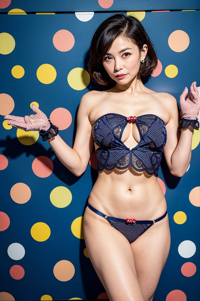 ((Masterpiece)), ((Best Quality)), A middle-aged short-hair woman, She spreads legs, from below ((She is wearing a dots pattern tiny satin thong)), (((topless))), She is wearing gloves on her hands, She is wearing boots, outdoor, tiny thong