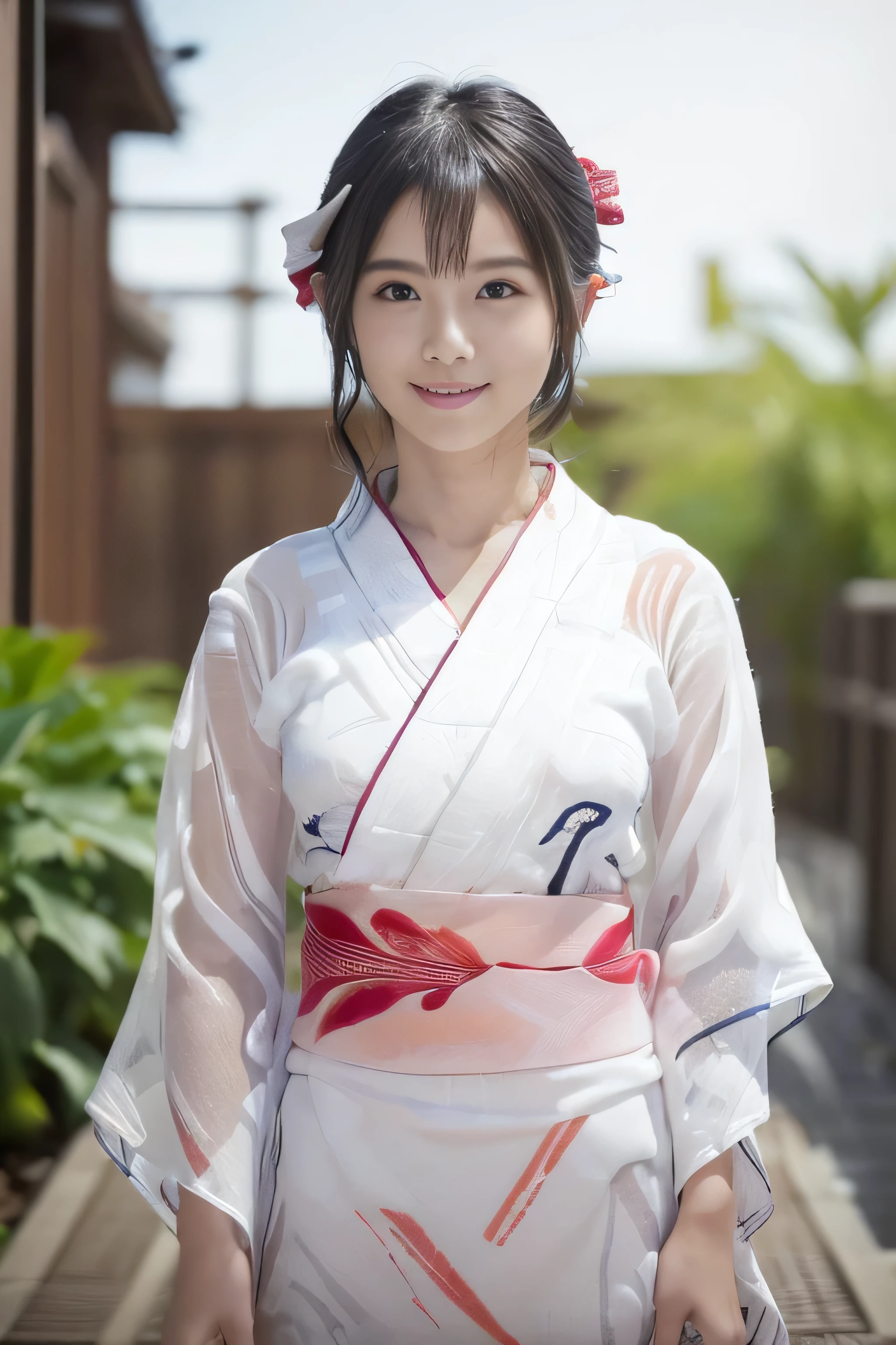 (((A white yukata made of thin, see-through fabric:1.4)))、(((Simple obi:1.4))), (())、Random Pause、(Highest quality,masterpiece:1.3,Ultra-high resolution,),(Very detailedな,Caustics),(Photorealistic:1.4,RAW shooting,)Ultra-Realistic Capture,Very detailed,High resolution 16K human skin closeup、 Natural skin texture、、Skin tone is even and healthy looking、 Use natural light and colour,1 girl,Japanese,cute,Black-haired,Medium Straight Hair, (((Huge bust:1.4))), smile,,(Written boundary depth、chromatic aberration、、Wide range of lighting、Natural Shading、)、(Kimono with open front),