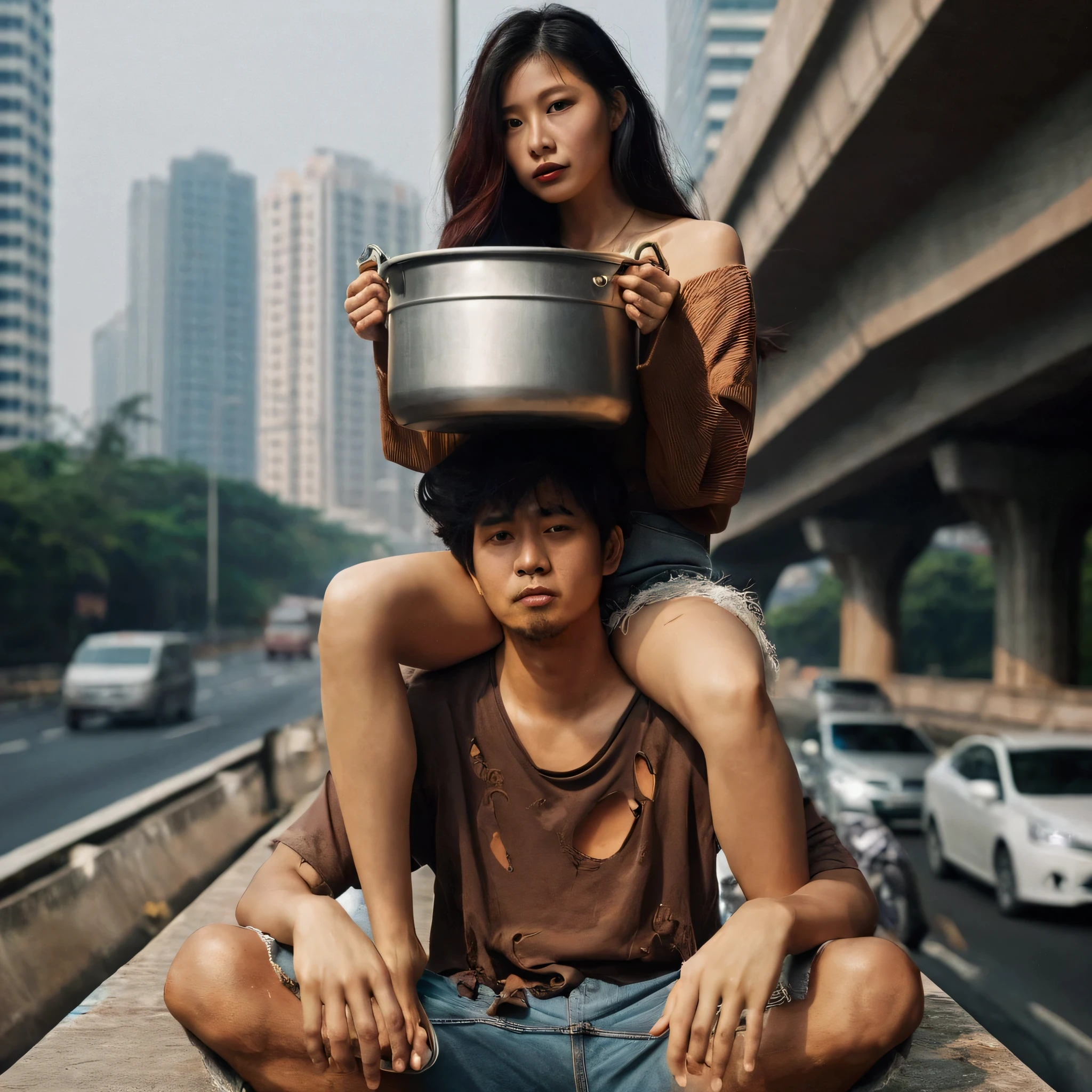there is a man and woman sitting on a ledge with a pot on their head, realism art, album art, photo portrait, style of ade santora, mid shot portrait, still from a music video, alternate album cover, portrait shot, set on singaporean aesthetic, couple, promo shot, semi realism, by Bernardino Mei, semi - realism