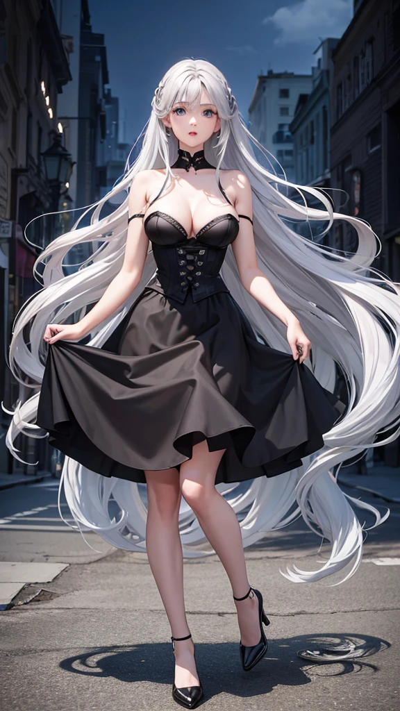 Highest quality, masterpiece,Gray Hair, blue eyes, Upper Body,Gorgeous Background,One girl, Flowing Hair、Black bustier、Black tight skirt、Red Heels、Adult women