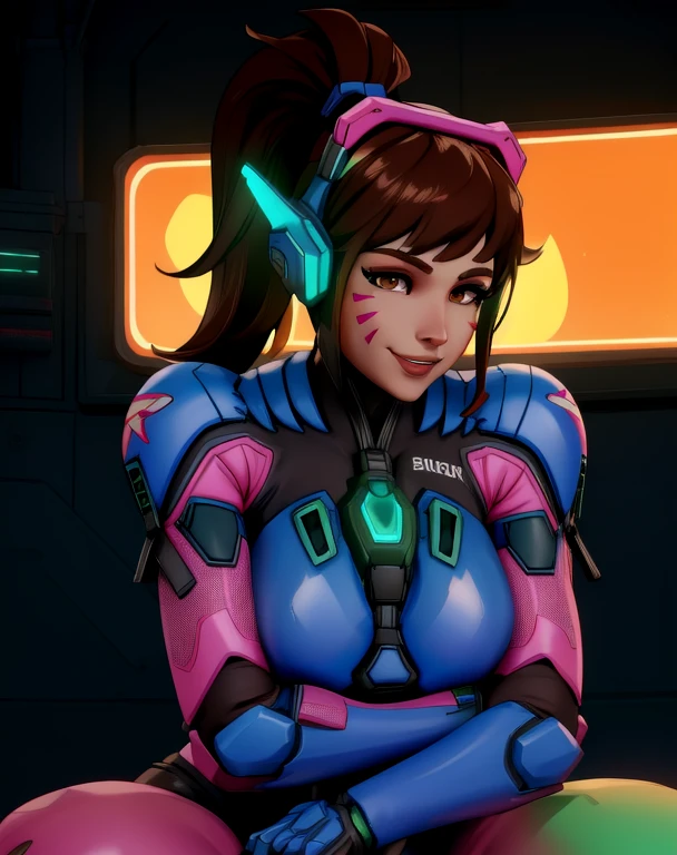 Dva, brown hair, brown eyes,  facial mark,   ponytail, 
bodysuit, armor,   headphones, looking at viewer,  breastplate, 
upper body, sitting, 
arcade, indoors,  neon lights,  smile, 
(insanely detailed, beautiful detailed face,beautiful detailed eyes, masterpiece, best quality),solo, 