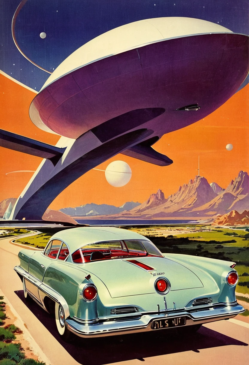 Retro futuristic, ((retro futurism)), ((Science fiction)), 1950s, (((1960s))), 1970s, (Car 1950’s),