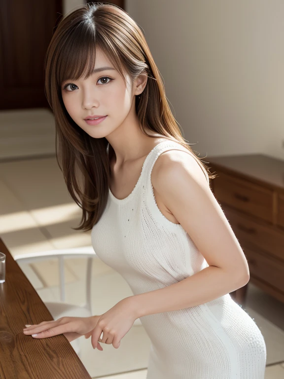 (masterpiece, Highest quality, Very detailed, Best Shadow:1.2), High resolution, ((Cinematic Light)), Hyper Detail, Dramatic Light, Intricate details, Dynamic Angle, (Very detailed CG ユニティ 8k 壁紙:1.2), Shyness, ((masterpiece)), (Very detailed), (Very detailedUnity 8k壁紙), (Realistic Skin), (Realistic photos, Realistic, Photorealistic), Beautiful Japanese Women, Narrow Face, (White knit dress:1.4), Beautiful Hair,Brown Hair, Medium Hair,Beautiful Face, Delicate and beautiful eyes, smile,Beautiful feet, See through,Low angle shot