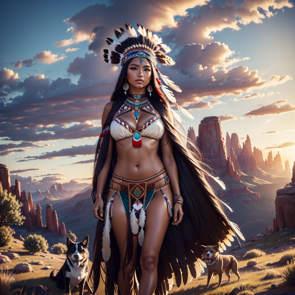 a beautiful native north american woman in sexy native American clothes with her dog, green grass, trees, flowers, mountains, full-lenght, high detailed, realistic full-lenght photo ((best quality)), ((masterpiece)), detailed soft oil painting, detailed background, dramatic cinematic lighting, soft edge lighting, professional, dramatic lighting, hard edge lighting, ultra quality, 4k,(masteriece, best quality, 8k, ultra highres, highres:1.4), extremely detailed, beautiful girl, high detail skin, high detail eyes, high detail hair, high rest , ultra detailed, sharpen picture, Highly detailed, masterpiece, best quality,perky breasts, supermodel body, long hair, native American, dark skin, feathers, hair ornament, jewelry, necklace, tribal, headdress