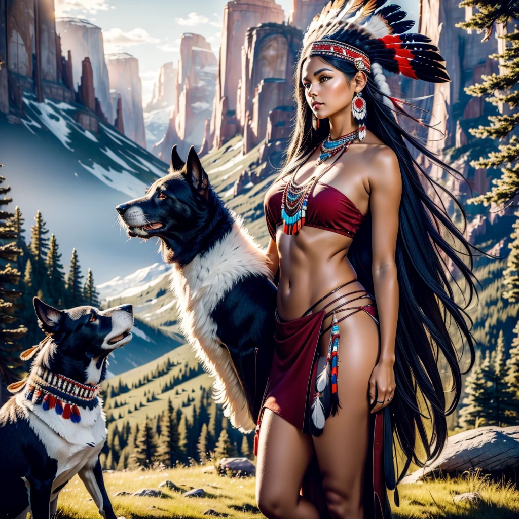 a beautiful native north american woman in sexy native American clothes with her dog, green grass, trees, flowers, mountains, full-lenght, high detailed, realistic full-lenght photo ((best quality)), ((masterpiece)), detailed soft oil painting, detailed background, dramatic cinematic lighting, soft edge lighting, professional, dramatic lighting, hard edge lighting, ultra quality, 4k,(masteriece, best quality, 8k, ultra highres, highres:1.4), extremely detailed, beautiful girl, high detail skin, high detail eyes, high detail hair, high rest , ultra detailed, sharpen picture, Highly detailed, masterpiece, best quality,perky breasts, supermodel body, long hair, native American, dark skin, feathers, hair ornament, jewelry, necklace, tribal, headdress