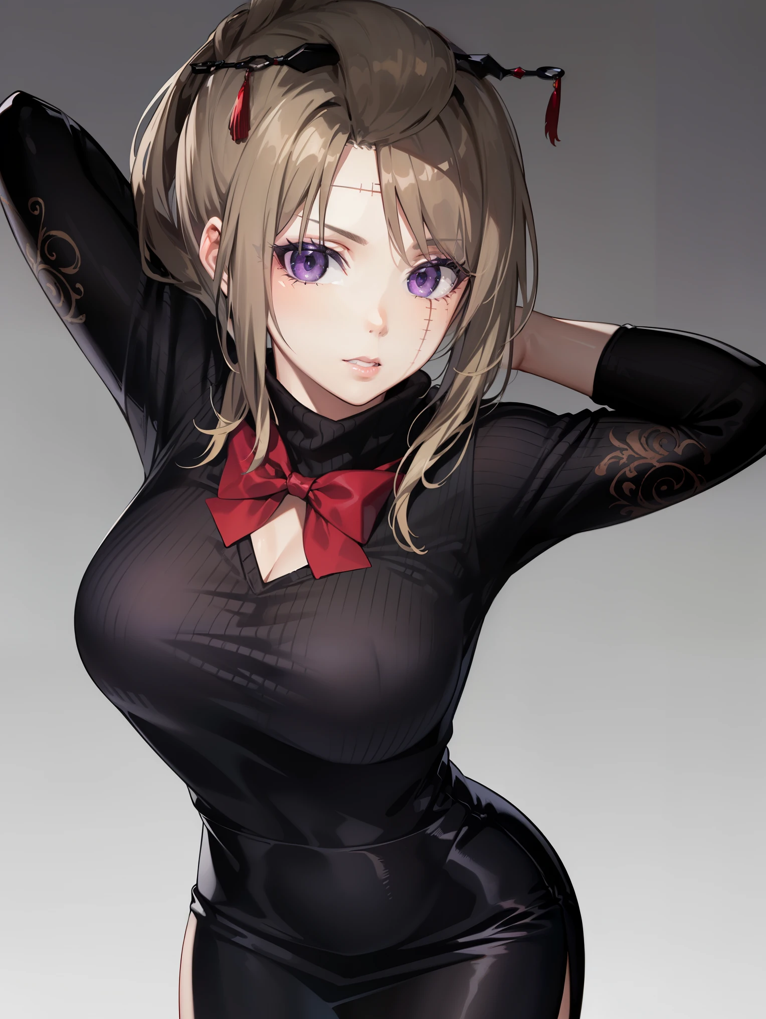 solo, 1girl, tsukuyo, scar on cheek, folded ponytail, hair ornament, purple eyes,
BREAK ((ribbed sweater,turtleneck,purple_apron, purple bowtie,pencil skirt))),
BREAK looking at viewer,(sexy pose:1.2), (hands behind head:1.3), (close up:1.2), (leaning forward:1.2),
BREAK (art: 1.2), best quality, high resolution, 8k unitary, (illustration: 0.8), (beautiful detailed eyes: 1.6), extremely detailed face, perfect lighting, extremely detailed in CG, (perfect hands, perfect anatomy),