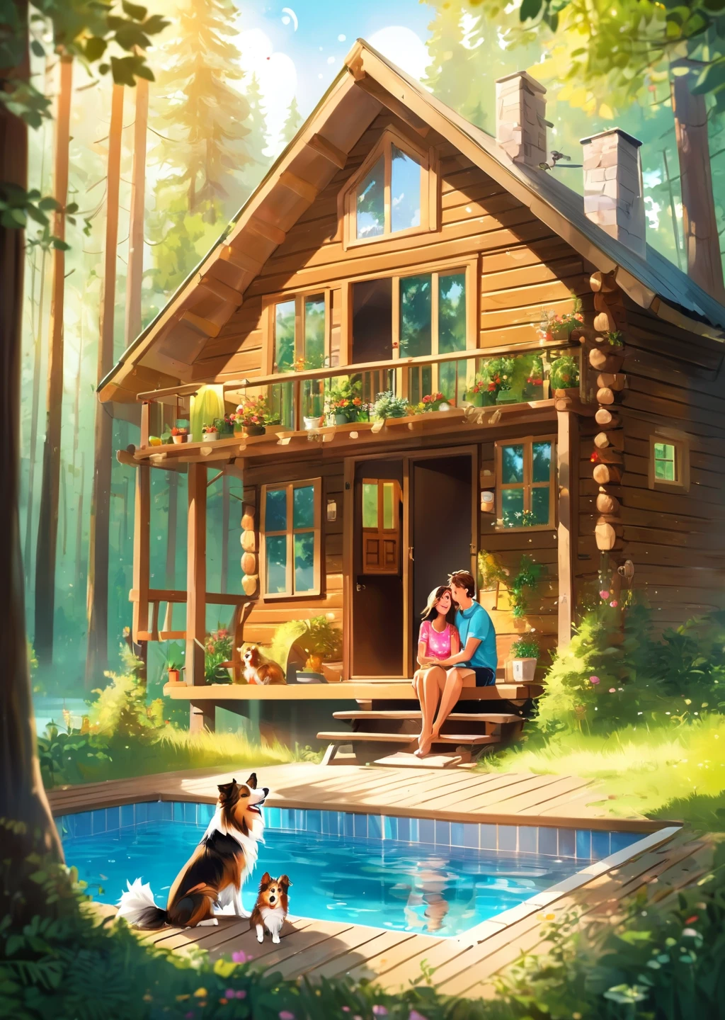 Forest cabin.
two people. love
young couple. man Woman.
sheltie dog
joy
luck
chill
sun
love.
holiday
entertainment.
laughter
Forest cabin.
Outdoor swimming pool. 
mysterious effect