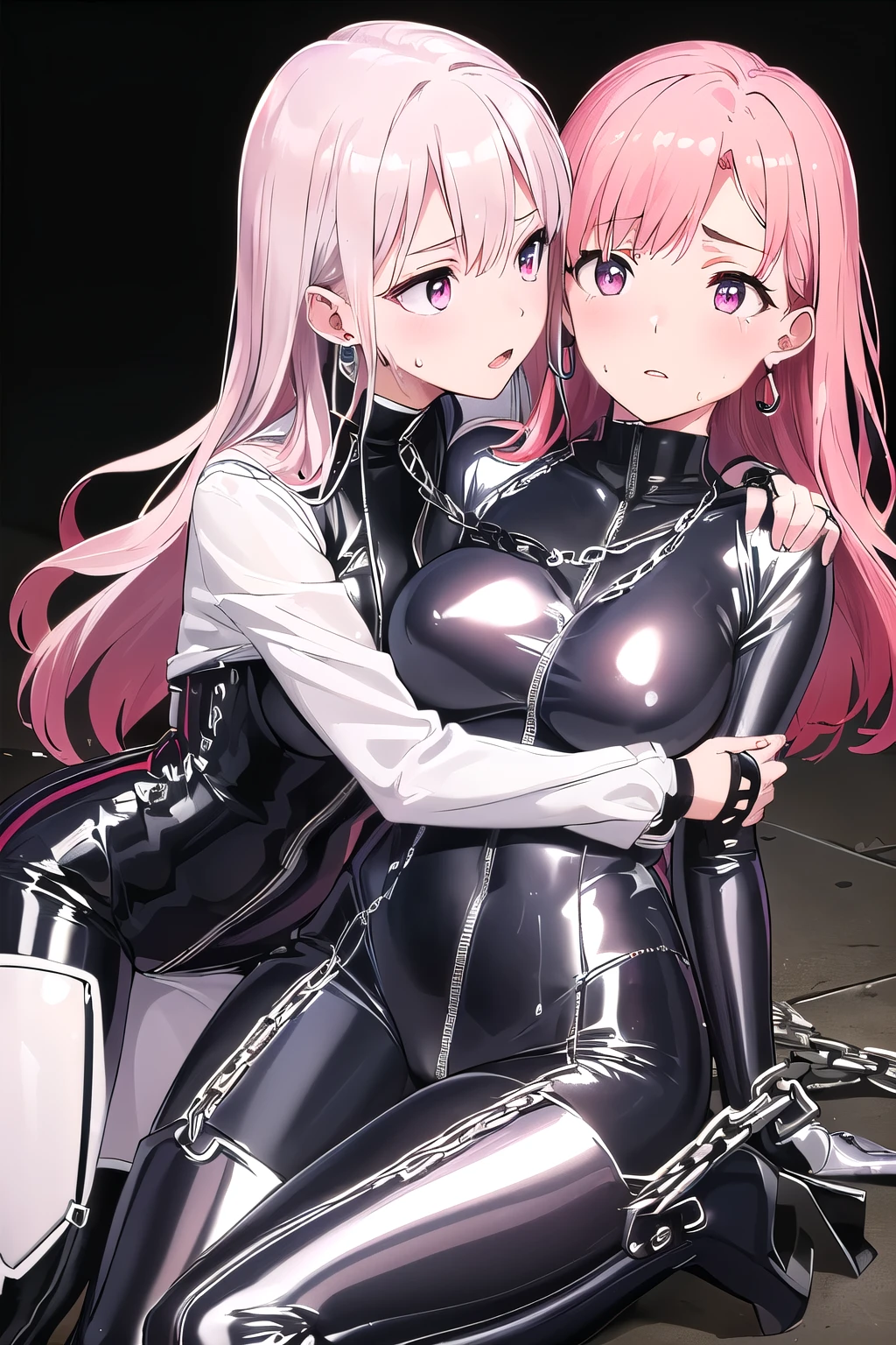 (8K, top-quality, masterpiece:1.2), (reallistic, Photorealsitic:1.37), Super Detail, One girl,), (Highly detailed), (beautifully detailed eyes), (of the highest quality), (super detailed ), (masterpiece), (Detailed face), 20yr old, 1 girl, (pink hair,long hair), medium breasts, clothed, Perfect Lighting, BREAK (red and white color scheme:1.2), (monochrome:1.2), (metallic silver accents:1.2), (red shiny bodysuit:1.5), (stretchy fabric:1.3), (leather:1.3), (vinyl:1.3), (chain details:1.5), (high-neck bodysuit:1.4), (long sleeves:1.4), (zipper with chain pull:1.4), (wide-leg bodysuit with O-ring:1.5), (high-waisted:1.4), (body-hugging silhouette:1.4), (silver accessories:1.4), (choker with chains:1.3), (handcuffs:1.3), (silver metallic platform boots:1.5), (boots with O-ring and chain:1.5), (statement earrings with chains:1.4), BRAKE (upper body and thighs:1.2), (long pink hair:1.2), (waves and side-swept bangs:1.2), (mysterious expression:1.2), (face turned slightly:1.2), (pulling chain:1.2), (hand on thigh:1.2), (white background:1.2), (bright light:1.2), BRAKE (sweat:1.5)