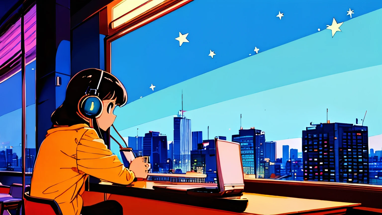 , Wear headphones, Futuristic yet lo-fi, Retro, masterpiece, (( Side Shot)), Sit at a desk and concentrate on studying, Laptop and coffee on the desk, (( Midnight )), There are many stars outside the window) (( Looking down ))tobaccoを吸う、4k、80's, Retro, City Popポスター:1.5), (Album cover), (masterpiece, Highest quality), (anime, shape), Best Photo Poses, that's itミックアングル, Cowboy Shot, alone, smile, Observe every detail perfectly, Delicate face, High Fashion, Retroなゲームセンター、American Casual、jazz、the 90s、Vintage、tobacco、speaker、Saxophone、rain、 knight、City Boy、Retro、City Pop、90s、that's it、A cool looking boy、The style is good、Retroanime画像、Highest quality、4k、