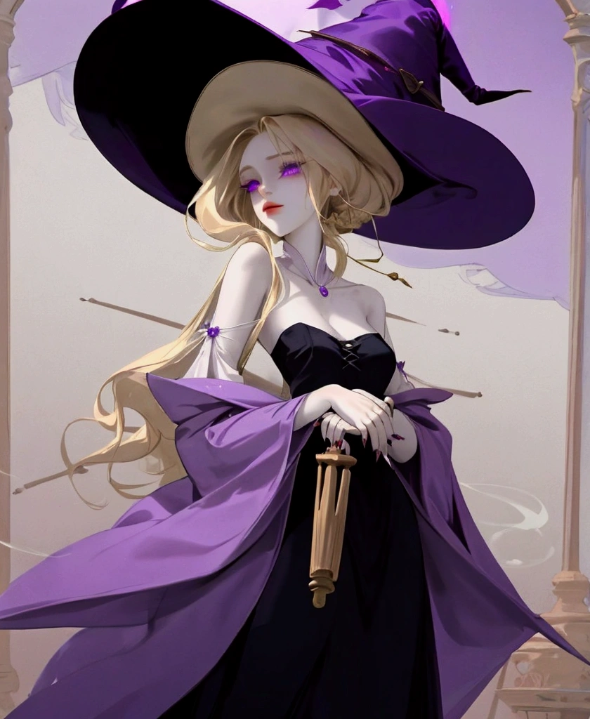 long, light blonde hair, slim, expressive purple eyes, well designed hands, purity, witch, pale, breasts big, Waist slender, looks 20 years old, melancholy, long nails, full body image, She standing holding a cauldron with glowing smoke, purple hues, wearing many jewelry, Legs long, tight black dress, High Heeled Boots