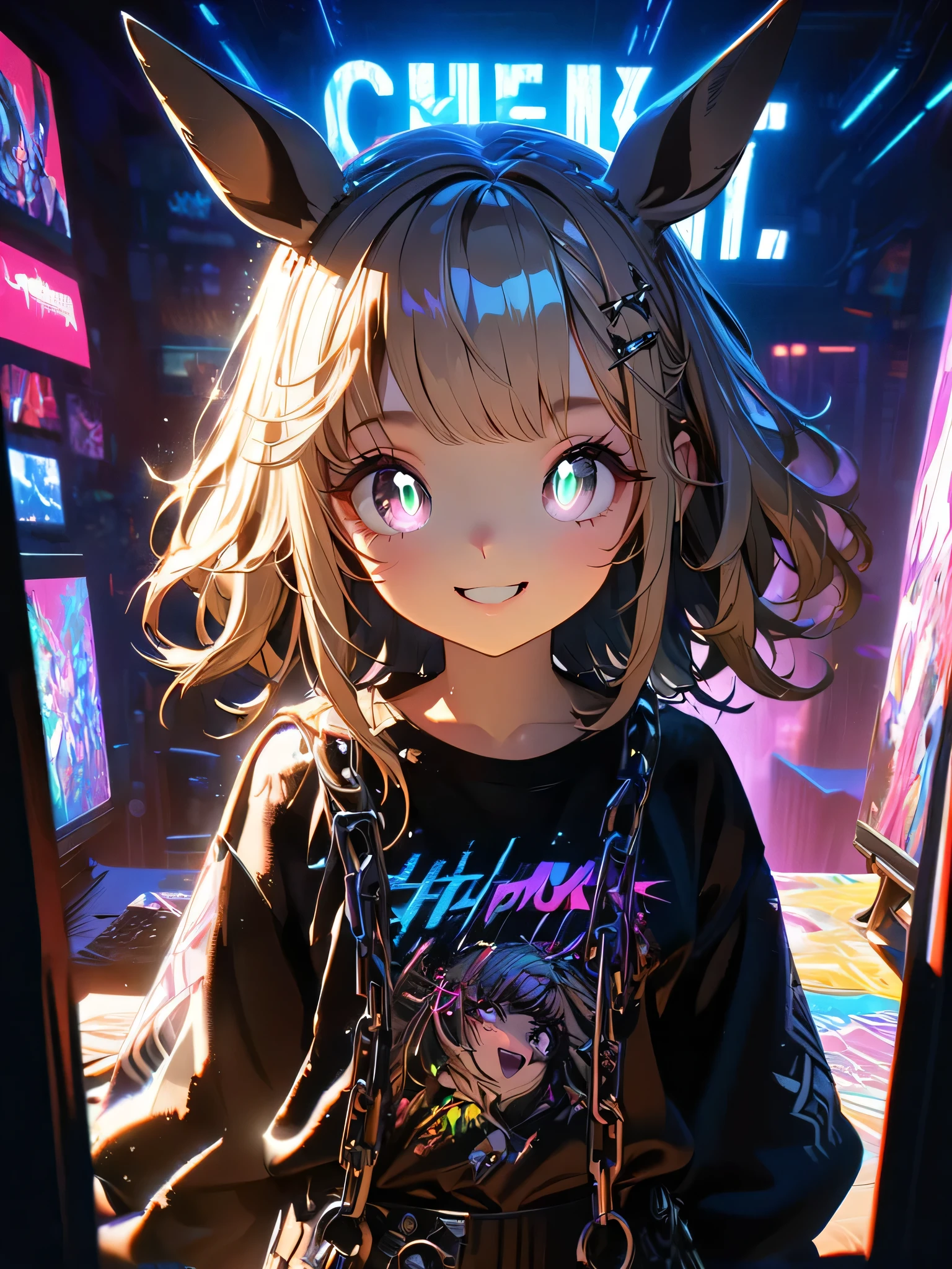 1 girl, chromatic aberration, Written boundary depth, Soft Light, masterpiece, Highest quality, complicated, Tone Mapping, Very detailed, Art Station, Concept Art, Smooth, Clear focus, Dramatic lighting, Very detailed artwork, movie, super practical painting, Art Station's trending, 8k, Incredible Shadows, practical, (Very detailed background:1.0), whole body, View, Viewers, Very detailed portrait of one girl 1, standing on street corner, Heavy rain and lightning、Dark Sky, neon and cyber punk background, she is dressed in punk clothing with silver chains and silver spikes, Her hair was dyed light brown.......，The middle part is black,  Detailed black eyes with clear pupils, Ominous aura of light, smile, punk, ciber punk, Backlight.、,Approaching the horse、horse woman.グラウンドを走るwhole body.The costume is cute.Charming