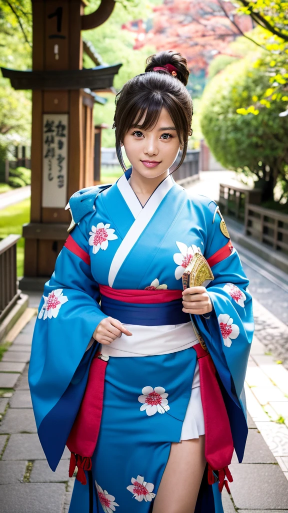 cross arms in front(1:3), messy bun,Highest quality,master piece,incredibly absurdres,high resolution,lens flare,dynamic angle,a girl, one girl,solo focus,alone,full body,perfect anatomy,8k,a girl, one girl,solo focus,alone,Japanese women,Age 25,smile,teeth,Beautiful eyes,Model-like style,sexy,Large Breasts,Wearing a blue furisode,furisode,A shrine with beautiful nature in the background,a girl