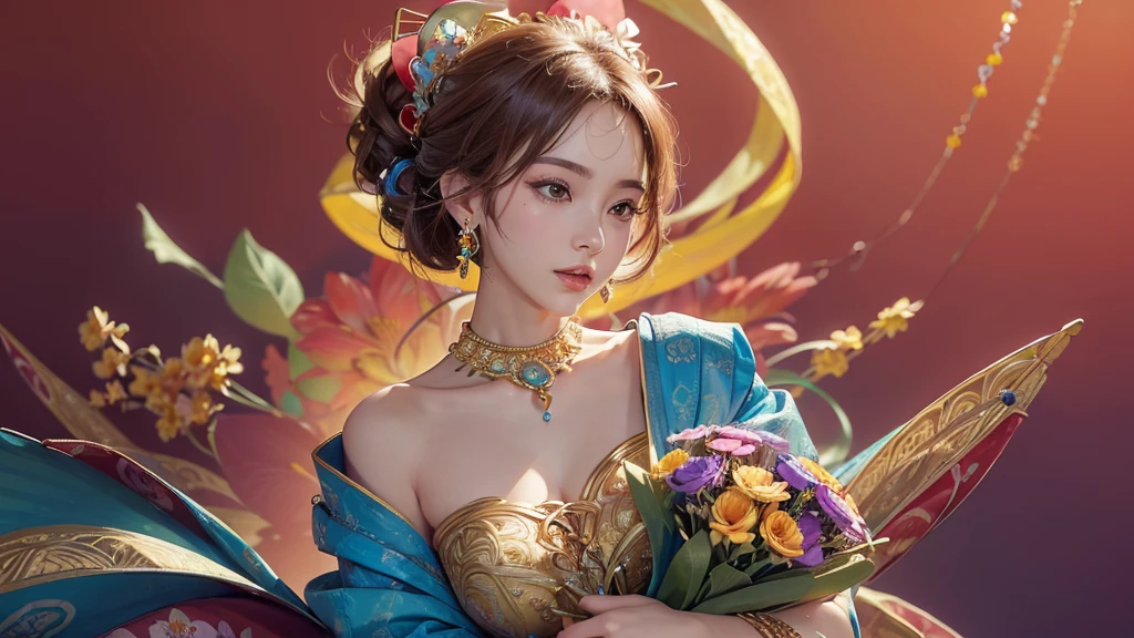 32K, 最高quality, 最高masterpiece, (ultra-Detailed Background, Detailed Background), High resolution, Super detailed, Very detailedな, One girl, (bouquet:1.3), (Tangled:1.2), (Geometric:1.2),(colorful),(masterpiece, quality, best quality, Official Art, Beautiful and beautiful:1.2), (1 girl:1.3), Very detailed,(colorful:1.1)(Flowers:1.3),Most detailed,(Tangled:1.2), whole body, (Abstract background:1.3), (Skin glows), (Many colors:1.4), ,(Earrings Jewelry:1.5), Pale Red Background,