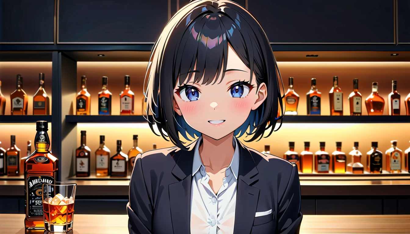 (Highest quality, 4K, High resolution, masterpiece:1.2), Very detailed, (anime, animeスタイル:1.37), Cinematic Light, Vibrant colors and captivating effects, Soft and delicate lighting, Lens flare, The overall atmosphere is beautiful and gentle.., 1 female, suit, (Black Hair, Very short hair, Dark blue eyes), Happy expression, (Very detailedな顔, Super soft lip detail, fine grain, double eyelid, Drinking whiskey:1.5, bar counter, Dark Color Palette, Glowing Skin, Anatomically correct, Background blur,