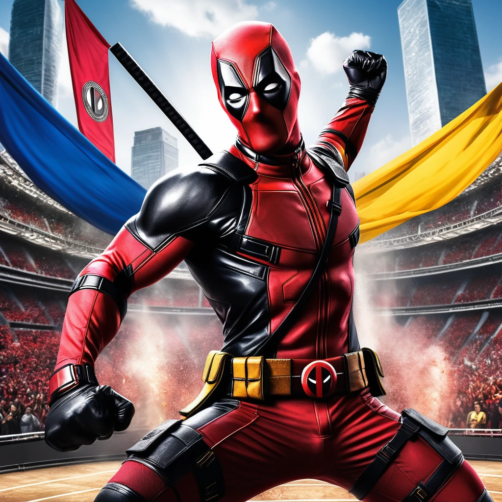 hyper-realistic,Deadpool red and black suit, fighting Wolverine,Wolverine in yellow and black suit,boxing match,Paris Olympic games 2024,audience,Olympic sign,banners,FHD,detailed facial features,dynamic poses,high intensity action,dramatic lighting,vibrant colors