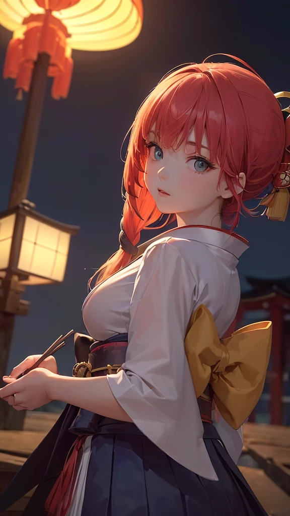 (((masterpiece: 1.5, Highest quality, High resolution: 1.3, Super Resolution, Super Detail, Super Detail: 1.3, Rich background: 1.2))), 1 girl, alone, Green Eyes, Long pink hair with a blue ribbon, Blunt bangs, Cute hairpin, , White Seraphon, Red Sailor Collar, Short sleeve, Blue pleated skirt, (Outdoor), ((Downtown), (crowd), ((Japanese atmosphere: 1.3)), landscape, ((night)), darkness, (Low Light: 1.1), moon, (moonlight: 1.2), ((Dynamic Light: 1.4)), ((Head close-up))))))