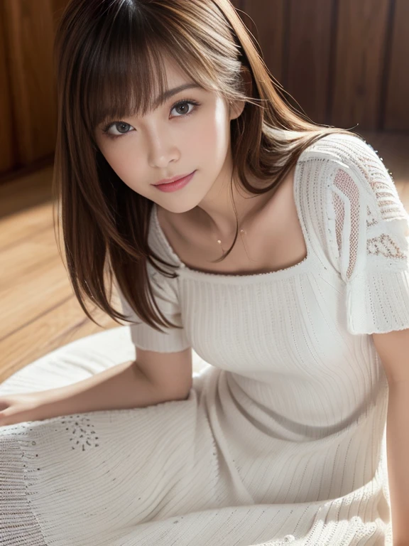 (masterpiece, Highest quality, Very detailed, Best Shadow:1.2), High resolution, ((Cinematic Light)), Hyper Detail, Dramatic Light, Intricate details, Dynamic Angle, (Very detailed CG ユニティ 8k 壁紙:1.2), Shyness, ((masterpiece)), (Very detailed), (Very detailedUnity 8k壁紙), (Realistic Skin), (Realistic photos, Realistic, Photorealistic), Beautiful Japanese Women, Narrow Face, (White knit dress:1.4), Beautiful Hair,Brown Hair, Medium Hair,Beautiful Face, Delicate and beautiful eyes, smile,Beautiful feet, See through,Low angle shot、Lying down