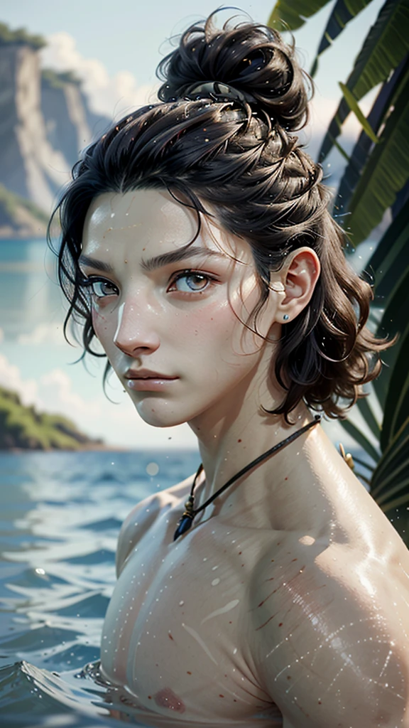 ((ultra detailed, masterpiece, absurdres))
1young man, extreme white skin, red eyes, black hair, looking at viewer, portrait, in a lake, short hair, sharp canines