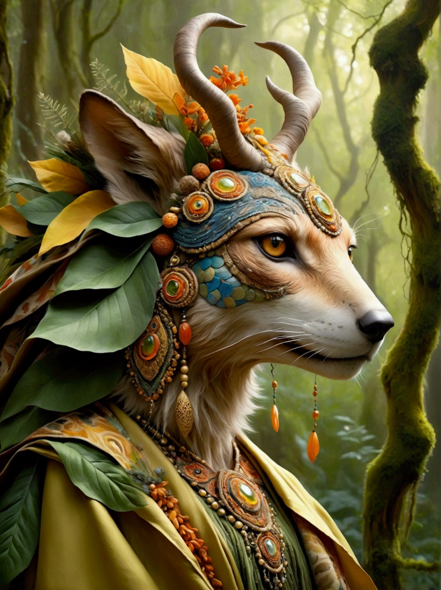 Create an image of a mystical creature that resembles a humanoid animal, draped in heavy, richly decorated garments. Its head should feature a distinct combination of animalistic and human facial elements, and its eyes should glow with a warm, enchanting light. The overall palette should be dynamic, with vibrant colors especially accentuated in the figure's attire and facial features. The background should be a blurry array of natural hues, suggesting a traditional woodland setting.