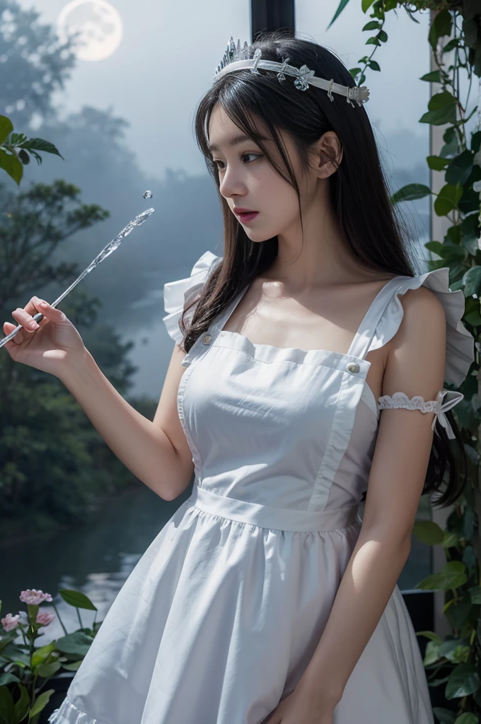 maid,dress,maid headdress,apron,Deep in Wonderland，Moonlight falls like water，Foggy Room，The heroine&#39;s figure is vaguely visible，Like a fairy in a painting，Slender sexy legs，Very beautiful legs，Large Breasts，Visible cleavage，美丽而又带着一丝mystery的色彩。Her face is beautiful and delicate，Showing extraordinary beauty。Twinkling Stars，Show the light of perseverance and wisdom。The bridge of the nose is straight，Cherry lip color，The slightly upturned corners of the mouth reveal confidence and calmness。Clearly defined face，Skin like jade，Reveal healthy glow，Just like fairies, Her makeup is light and delicate，No excessive embellishment，Show her temperament and charm。Light foundation highlights the translucence of the skin，A light eyebrow pencil outlines her perfect eyebrow shape，Eye makeup is eye shadow and eyeliner，Make her eyes brighter、Energetic。嘴唇涂上grace的口红，Add a touch of charm and sophistication。Clothes fluttering。Hair tied haphazardly behind the head，Secure with a jade hairpin，A few strands of hair fluttering gently in the wind，Add a touch of softness。Beautiful landscape，Attracted everyone&#39;s attention。Large Breasts美丽、grace、mystery、Full of power。