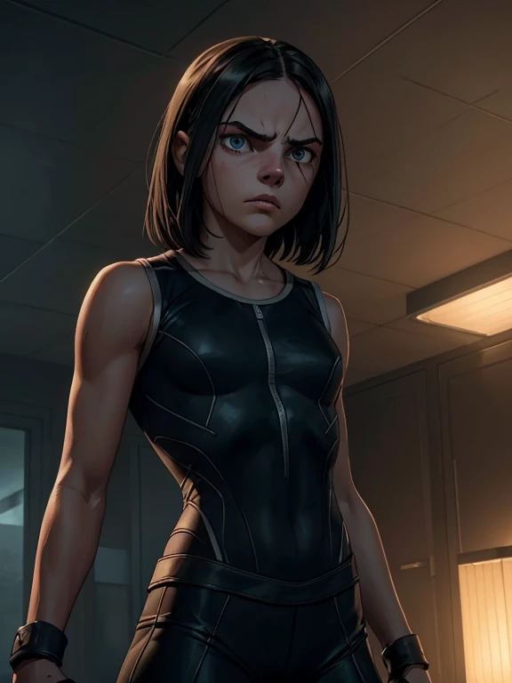 Dafne Keen as X-23, slim athletic body, Ultrarealistic, beautiful face, young face, beautiful eyes, beautiful lips, flat chested;"Laura battles with her inner demons, struggling to control her rage and come to terms with her identity as a weapon."; cinematic lighting, dark mood 