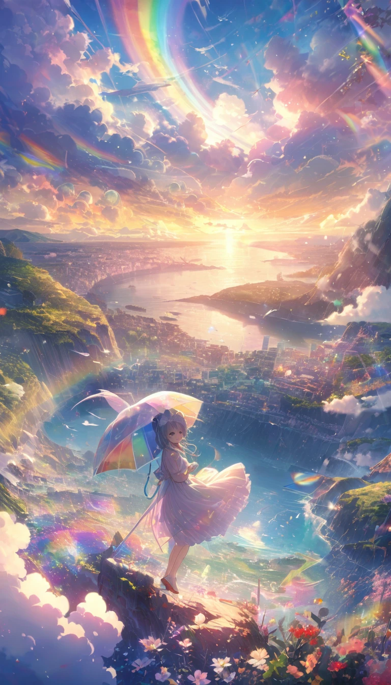 transparentな景色、rainbow色の傘、Angel Umbrella, Detailed landscape, sunrise, rainbow, , horizon, In the sky, transparent、rainbow色の絶景 , rainbow色の水の都、Lens flare, colorful, An atmosphere full of dreams and hope,masterpiece.16K, Ultra-high resolution, to be born,wonderful ,future、rainbow色の、The world 30 years from now。