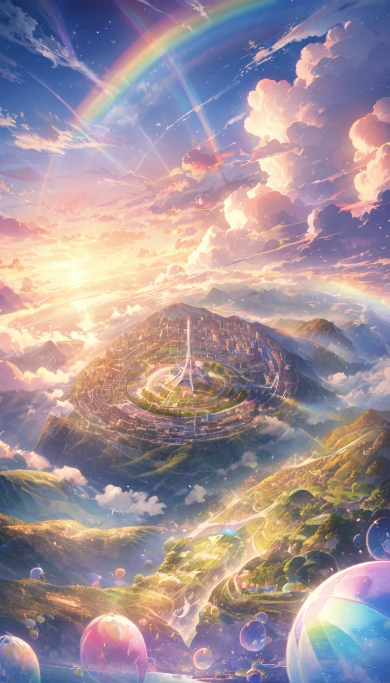 transparentな景色、rainbow色の傘、Angel Umbrella, Detailed landscape, sunrise, rainbow, , horizon, In the sky, transparent、rainbow色の絶景 , rainbow色の水の都、Lens flare, colorful, An atmosphere full of dreams and hope,masterpiece.16K, Ultra-high resolution, to be born,wonderful ,future、rainbow色の、The world 30 years from now。