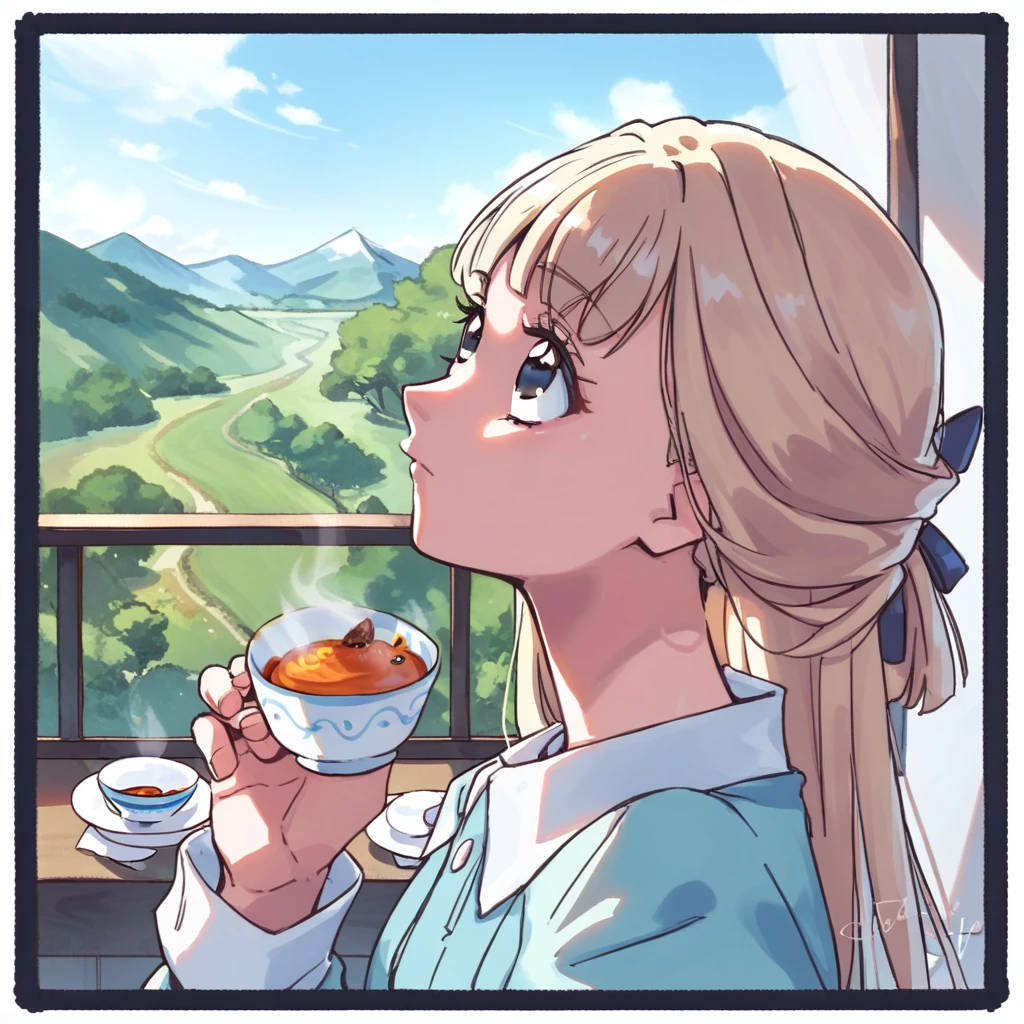 nekoyashikiyuki, border, mountain, waitress, portrait, dated, holding, black eyes, tea, looking up, garugaru, pants, 1girl