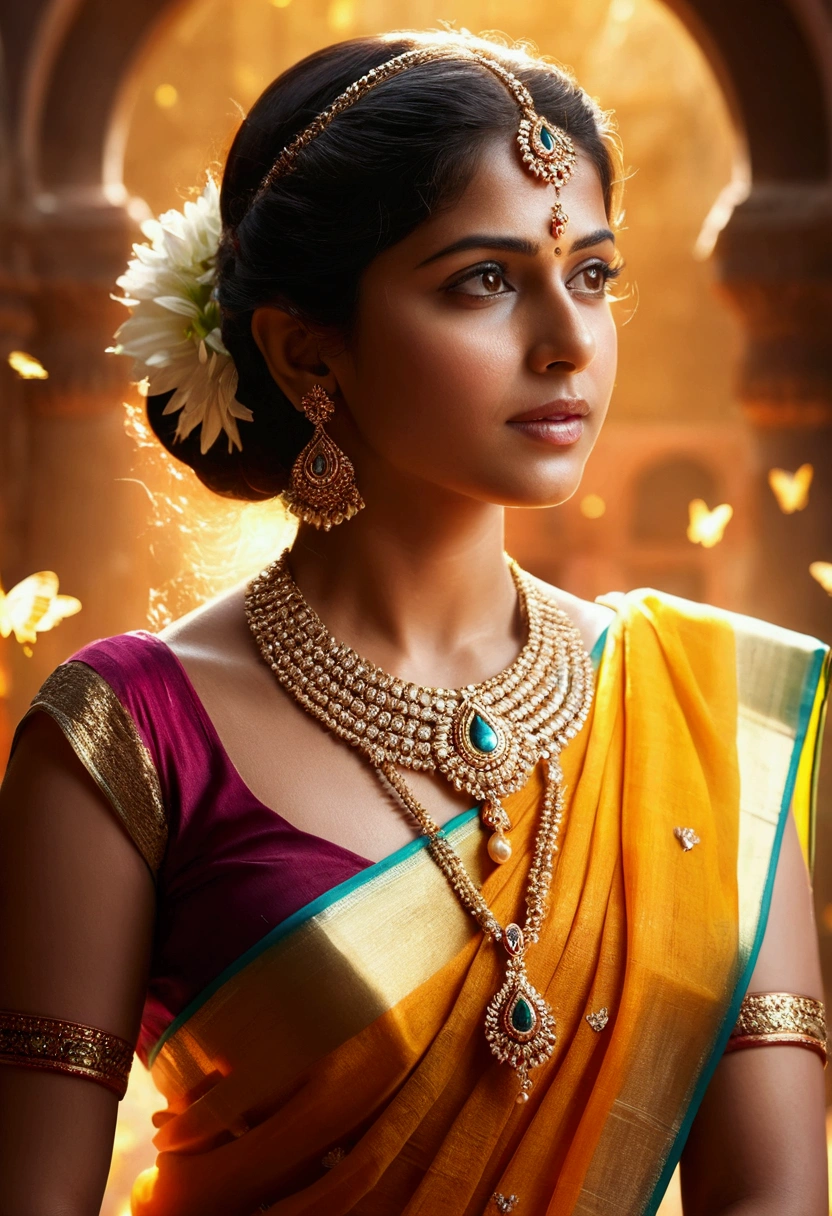 An ultra realistic portrait of a very beautiful woman in translucent sleevless saree ,hyper detail, cinematic lighting, 4k, 8k, ultra realistic, high resolution, ultra hd, super realistic, sharp, good quality, Movie like, attractive, glowing, cute, sizzling, charming, jwellery, necklace, forehead jwellery, sunlight, sparks, glossy, dust particles , 3D look, sunshine, feathers, HD, flowers,Glowing hair, fireflies,blur background, temple, crowds, butterflies, glossy eyes