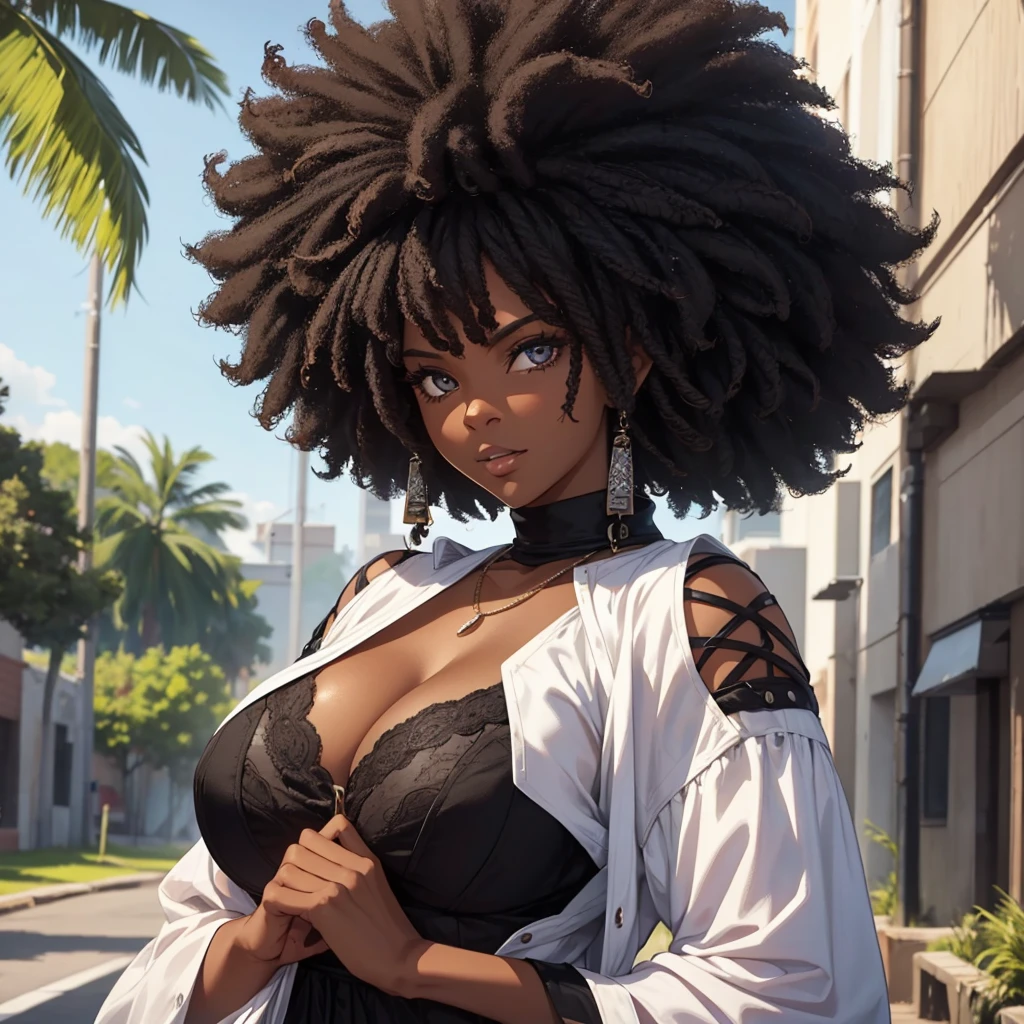 A beautiful black-skinned woman with black afro hair that doesn't show her eyes and fleshy brown lips, huge breasts, a huge ass and very wide thighs.