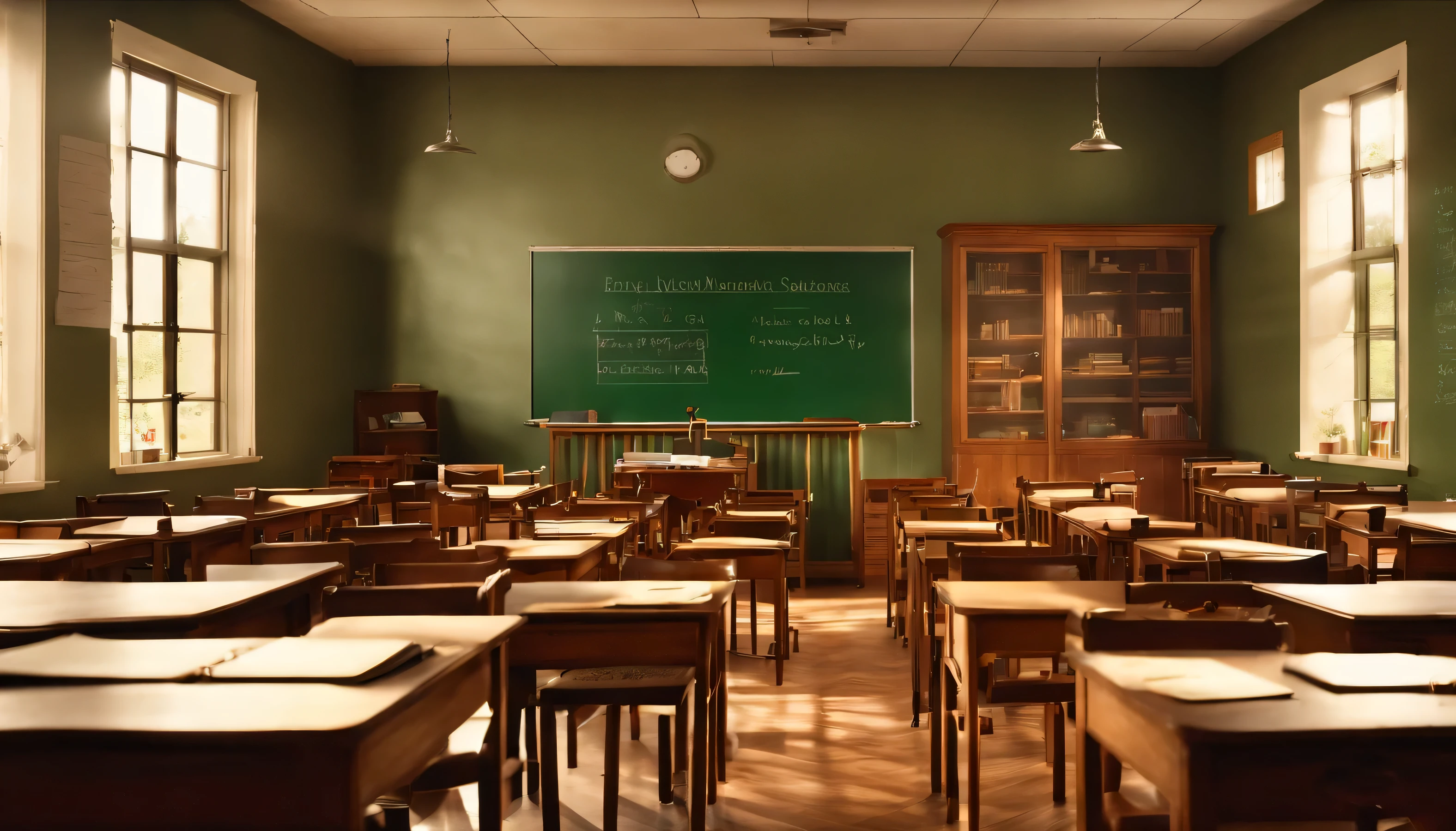 The image shows a bright, well-organized classroom. The room has several rows of wooden desks and chairs neatly arranged, with ample space between them. At the front of the classroom, there is a large green chalkboard filled with various diagrams, equations, and writings. The board is flanked by bulletin boards on either side, displaying papers and notices. A teacher's desk is situated in front of the chalkboard, with a stack of books on top. 

The classroom is well-lit with natural light streaming in through large windows along the left wall, covered by light-colored curtains. The ceiling features a grid-like design with ceiling tiles and fluorescent lights. On the right side, there is a clock on the wall above a set of drawers and a globe, indicating a well-equipped educational environment. The overall atmosphere is bright and conducive to learning.